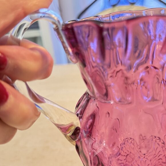 Victoria Hand Blown Cranberry Glass Pitcher W/Clear Handle & Finished Bottom - Picture 6 of 10